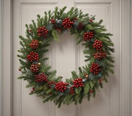 A stunning wreath made of interlocking pine branches and adorned with colorful glass balls and red berries hanging from a doorframe, seasonal decor, wooden decor