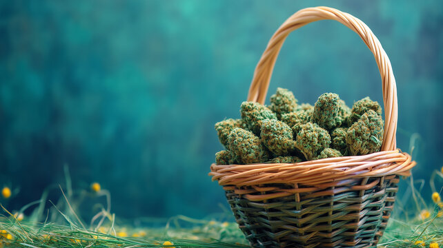 Easter basket filled with dank cannabis buds against a blue background. For Easter themed Marijuana advertisement.