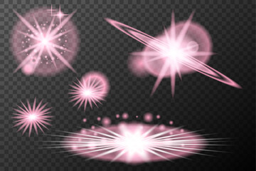 Set light effect Pink isolated flare explosion shiny dust line solar flare star spark neon light holidays festival, vector element