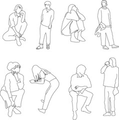 Minimalistic vector illustrations of people in everyday activities, presented in a clean and modern linear style. The set includes various poses, such as sitting, standing, interacting, and performing