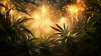 Marijuana leaves with out of focus fireworks in the background. Cannabis themed new years eve background for Marijuana sales at legal dispensaries.