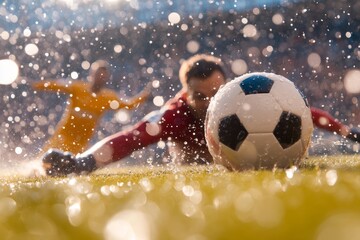 Goalkeeper dives for the ball during a rain-soaked soccer match at a stadium in the afternoon