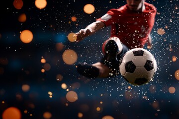 Fototapeta premium Soccer player executing a kick while kicking the ball in a dynamic atmosphere with sparkling effects during a match at night
