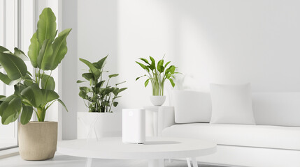 Sleek air purifier on coffee table surrounded by indoor plants for winter allergy tips