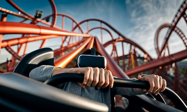 Man with VR glasses on a roller coaster.