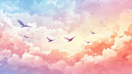 Obraz premium A serene sky filled with colorful clouds and flying birds, evoking a sense of peace and freedom amidst a beautiful sunset atmosphere.