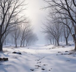 Obraz premium Bare branches of bare trees in the foreground with sparkly snowflakes floating above a serene snowy landscape, icy atmosphere , winter wonderland, frosty