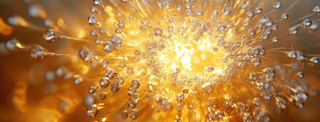 A sensational golden explosion with dynamic liquid-like beads radiating energy and vibrancy, capturing the essence of light and brilliance in a dazzling display.