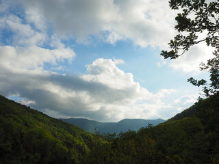 Mountain landscape with green forest and blue sky with white clouds.