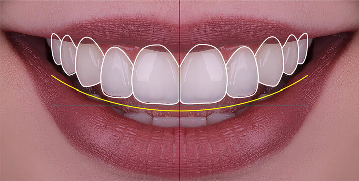 Smile design treatment and smile makeover with porcelain laminates to restore teeth and dental alignment in dental aesthetic dentistry. Dental before after with computer aided dental design.
