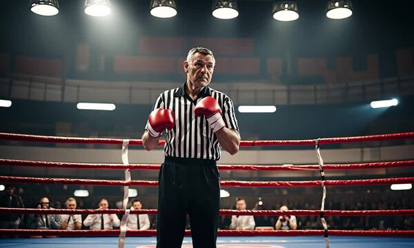 Boxing referee in a boxing ring.