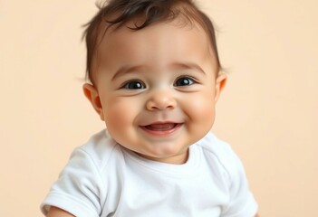 Naklejka premium Cute baby portrait with white onesie and curly hair