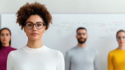 Portrait of a confident woman wearing glasses standing in front of a blurred group of people and a whiteboard in an office setting.