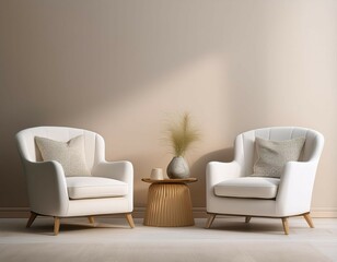 two white armchairs facing each other a room with a pale wall