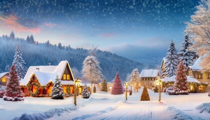 Fototapeta premium peaceful winter scene with snow covered village and festive decor for christmas and holiday celebrations