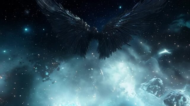 Large, dark angel wings soar through a cosmic background of nebulae and stars. Suitable for fantasy, spiritual, and abstract projects.. AI Generation