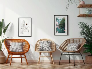 This stylish living room features a cozy arrangement of three elegant chairs beside blank picture frames hanging on the wall. The space invites creativity and personalization with a touch of nature