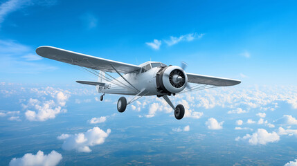 Fototapeta premium White vintage airplane flying through a serene sky with scattered cumulus clouds, offering a sense of freedom and adventure