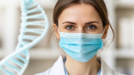 Female scientist wearing a blue surgical mask with a DNA model in the background