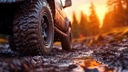 The rugged tire of an off-road vehicle drives through muddy terrain, illuminated by the warm hues of a sunset, highlighting the adventure and thrill of exploration.