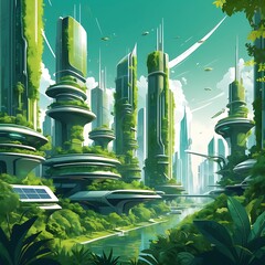 Futuristic Green Cityscape With Lush Vegetation and Flying Vehicles