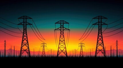 Silhouettes of electrical power towers and wires against a vibrant sunset gradient sky.