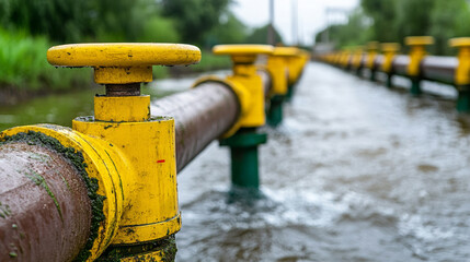 Detailed view of vibrant yellow industrial valves controlling water flow in a wastewater treatment system, emphasizing critical infrastructure