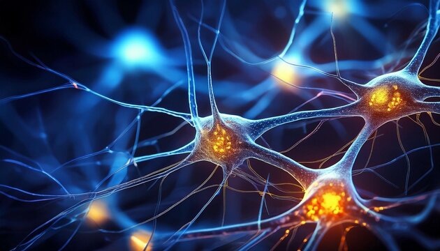 a detailed macro shot of neurons showcasing their dendrites and connections in a dark background