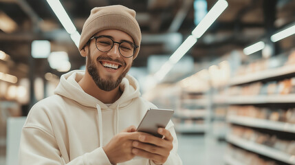 Happy customer using mobile phone for shopping, loyalty programs, or price comparisons, enjoying modern retail experience in supermarket