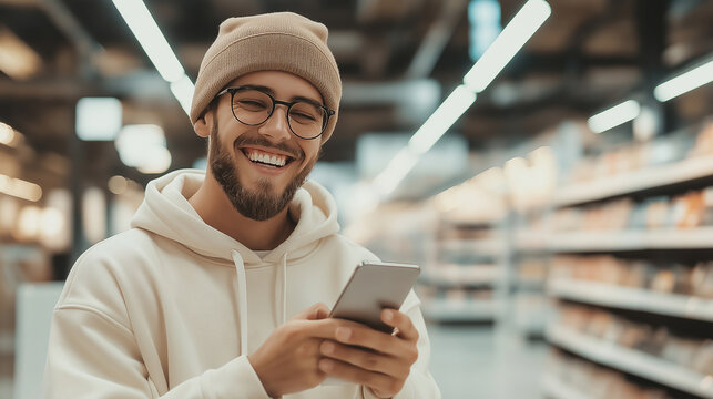 Happy customer using mobile phone for shopping, loyalty programs, or price comparisons, enjoying modern retail experience in supermarket