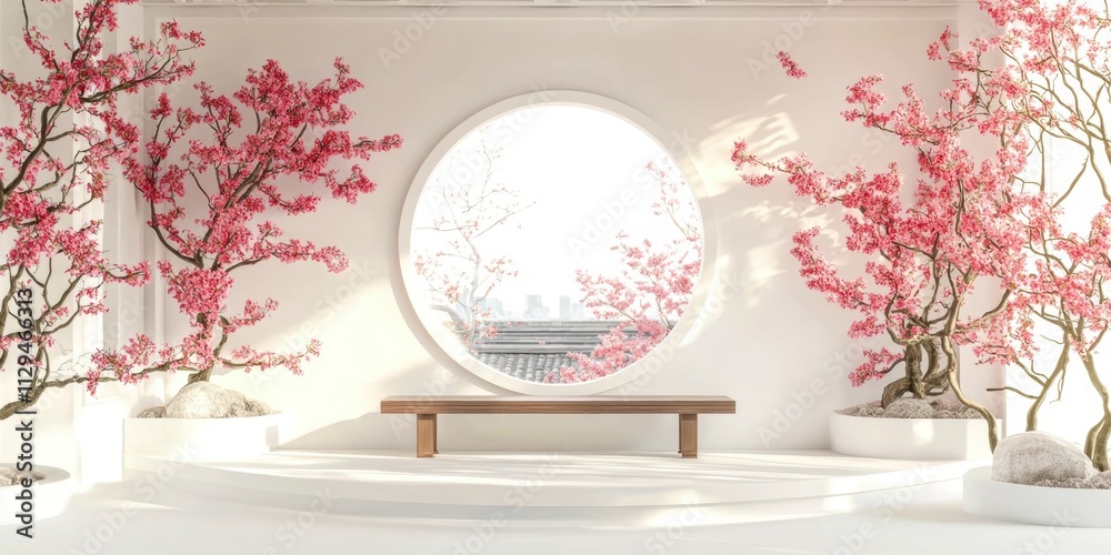 Poster White room with a round window and a bench
