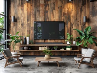 In a beautifully designed living room, a holiday picture frame sits prominently on a modern shelf. Lush plants and cozy seating enhance the inviting atmosphere, perfect for festive gatherings