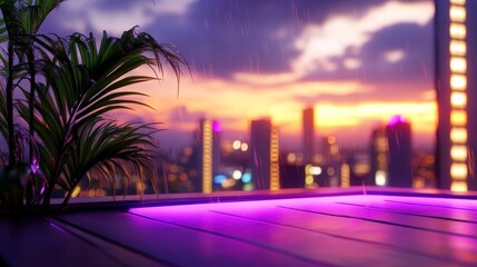 Fototapeta premium Cityscape Sunset Rain Deck - Tropical plant, rain, city lights, sunset, deck. Symbolizes serenity, escape, urban nature, tranquility, and vibrant energy.
