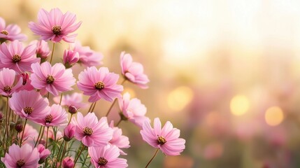 Fototapeta premium Pink cosmos flowers blooming in a soft bokeh background. Spring and nature concept