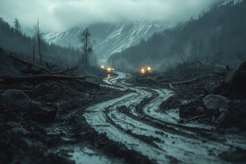 A destroyed road winding through a mountainside, covered in thick mud, fallen trees, and scattered boulders, with emergency lights in the distance
