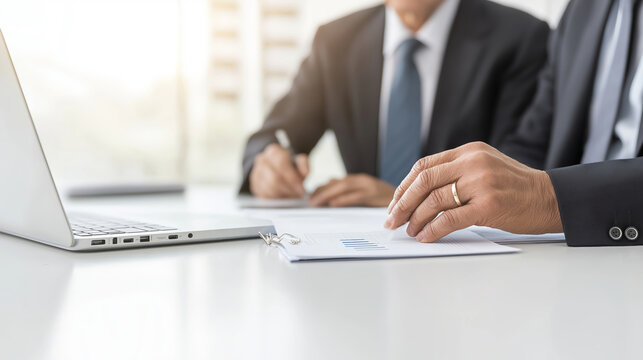 Financial advisor pointing at documents, explaining investment strategy to senior couple, with laptop on white desk - Powered by Adobe