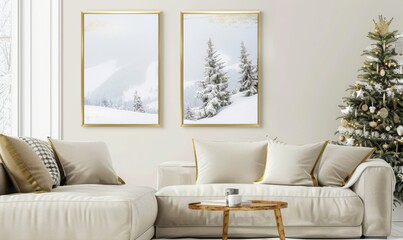Set in a cozy living room, two elegant picture frames display serene winter landscapes, complemented by a beautifully decorated Christmas tree, creating a warm holiday atmosphere