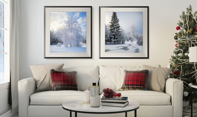 A comfortable living room features a chic sofa with plaid cushions, complemented by two elegant picture frames displaying serene winter scenes