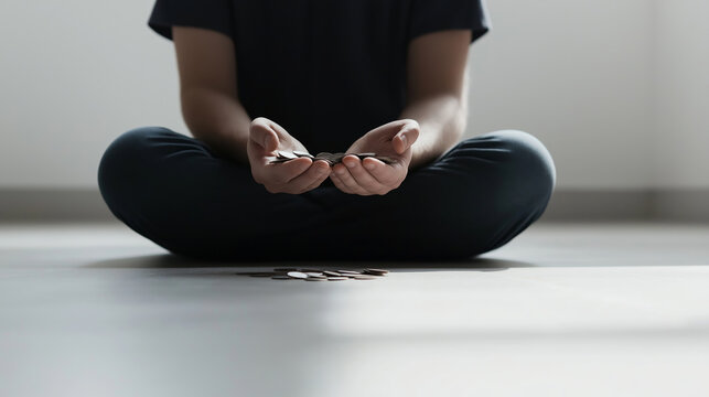 Person sitting cross-legged on floor, holding few coins, depicting poverty, financial hardship, and economic struggle