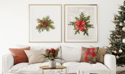 This inviting living space features a stylish sofa adorned with seasonal pillows, showcasing two beautiful picture frames filled with holiday cheer against a backdrop of a decorated Christmas tree