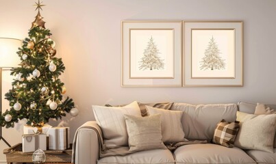 In a stylish living room adorned for the New Year, two beautifully framed pictures of Christmas trees hang above a plush sofa, complemented by a festive tree and wrapped presents nearby