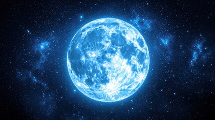Fototapeta premium A glowing blue moon shines brightly in a starry night sky, creating a mesmerizing cosmic scene filled with ethereal beauty.