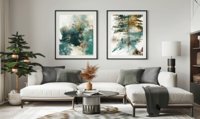 In a modern living room, festive New Year decorations enhance the atmosphere. Two elegant picture frames display vibrant art, complemented by a chic sofa and a decorative plant