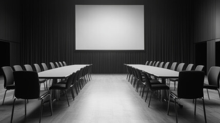Minimalist wide-angle shot of an empty conference room with a central table, ergonomic chairs, and a spacious projection screen