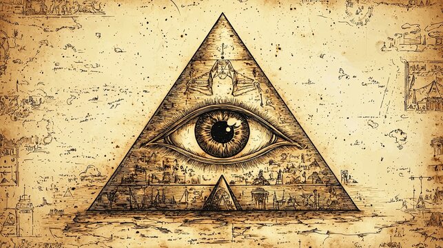 Eye of providence watching over ancient civilization on papyrus background