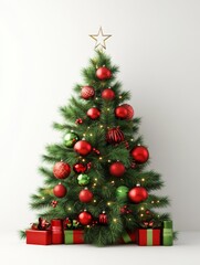 Festive Christmas Tree with Gifts - A beautifully decorated Christmas tree, adorned with red and green ornaments, twinkling lights, and presents at its base. Symbolizes joy, celebration, generosity, w