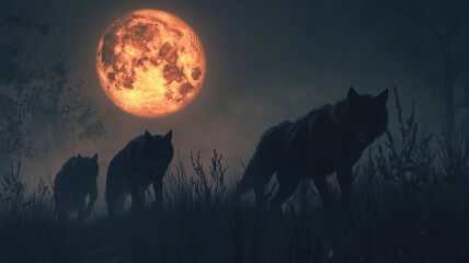 Wolves stalk their prey in silhouette backlit by a red full moon. For werewolf fan fiction or romance novel.