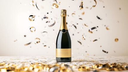 Fototapeta premium Festive Celebration Scene with Gold Champagne Bottle and Confetti.