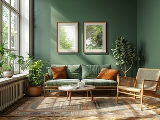 This stylish living room features a vibrant green wall adorned with framed euro banknotes. Natural light filters through large windows, illuminating the cozy seating area and lush plants