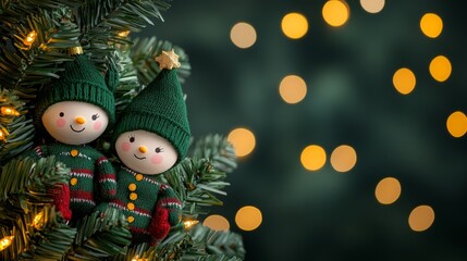 Fototapeta premium Festive Snowman Couple on Christmas Tree - Adorable snowmen, winter holiday, Christmas spirit, festive decorations, cozy scene.